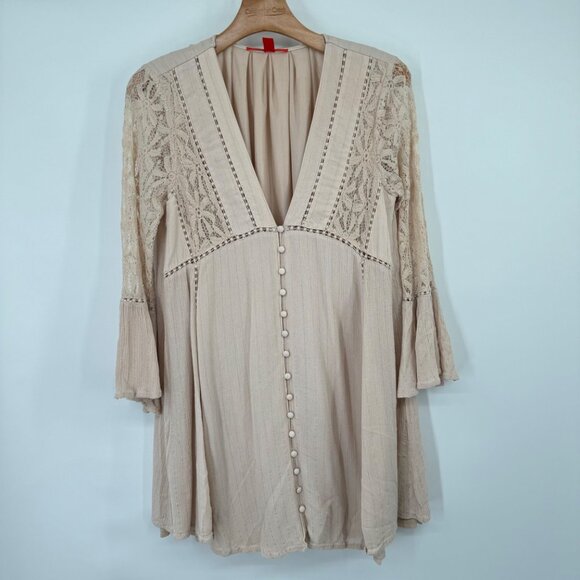 Chelsea & Violet Boho Lace Button-Front Dress Beige crinkle size medium womens - Picture 4 of 9